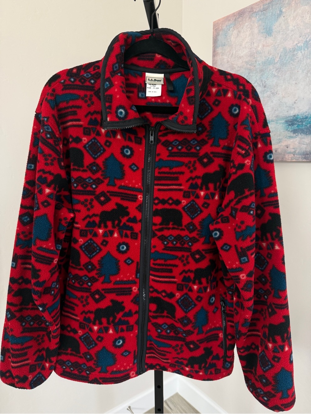 Vintage 90s L.L. Bean Womens Fleece Jacket Large Made in USA Red Moose Bear